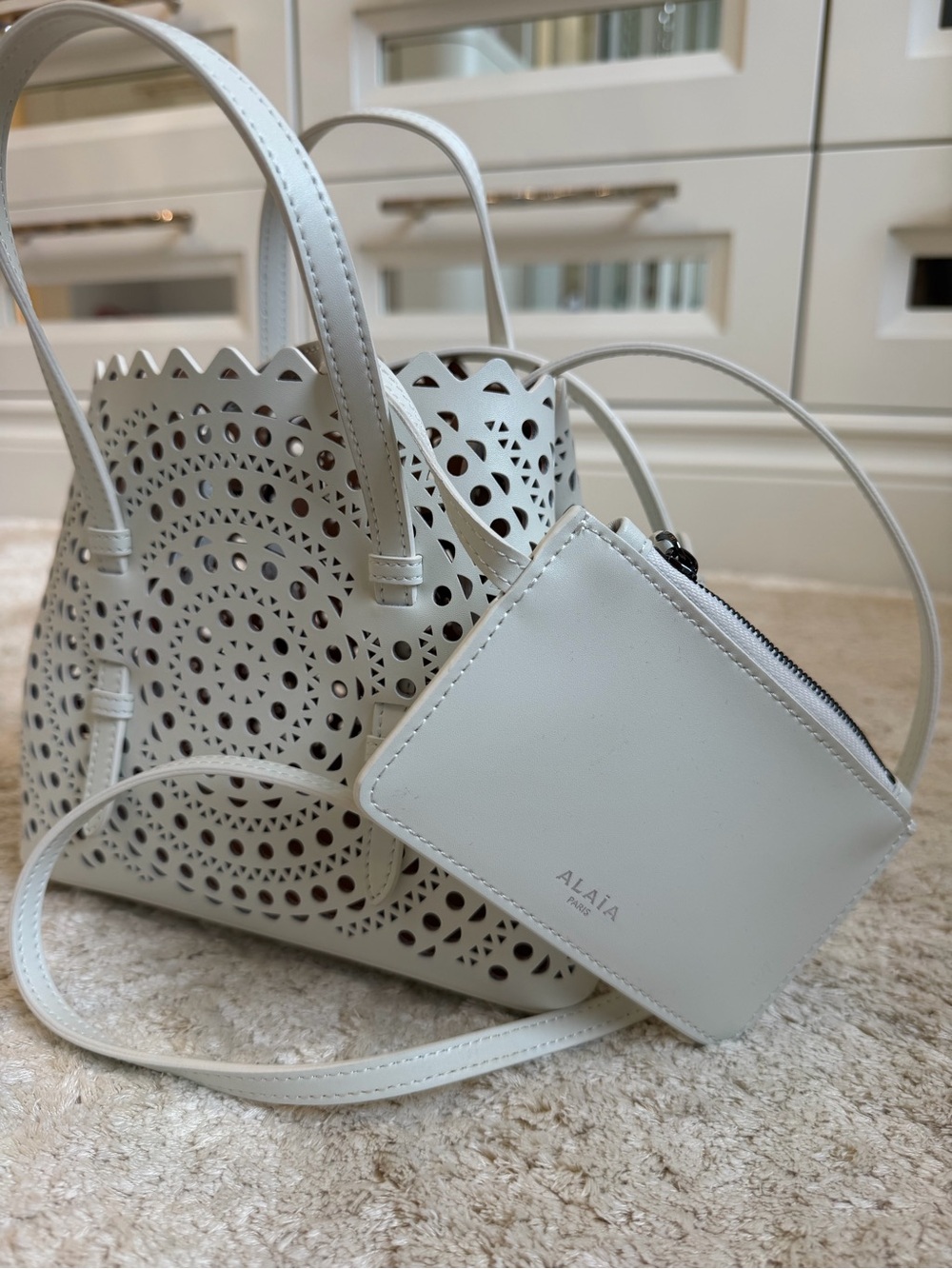 White Laser-Cut Leather Tote with Coin Pouch